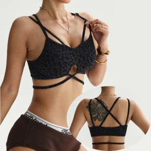 Sexy Leopard Print Yoga Top Cross back Strap Fitness Sports Bra Outdoor Wear Fixed Strap Underwear Fitness Gym Trendy Clothing