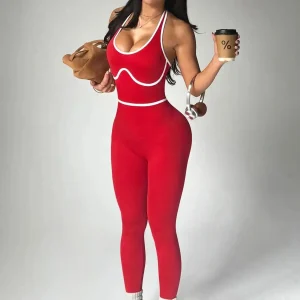 New One-Piece Yoga Jumpsuit Pant Set Women's Yoga Workout Seamless High Waist Gym Bodysuit Fitness Red Sports Wear Set